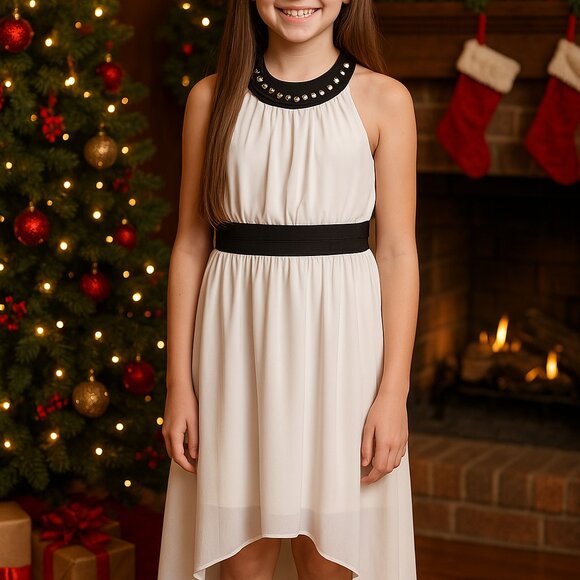 My Michelle Holiday Dress Sleeveless Rhinestone Neckline Black White Size 10 - Picture 2 of 16